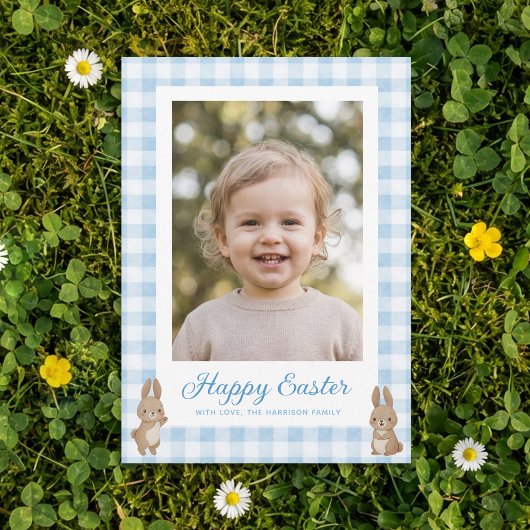 Easter Bunny Blue Gingham Photo Feiertagskarte