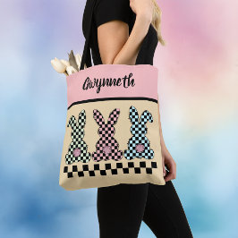 Easter Bunny Checkerboard Pink Green Yellow Name Tasche