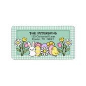 Easter Bunny Chick Eggs Flowers Green Gingham Adressaufkleber (Vorne)