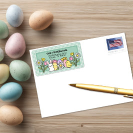 Easter Bunny Chick Eggs Flowers Green Gingham Adressaufkleber
