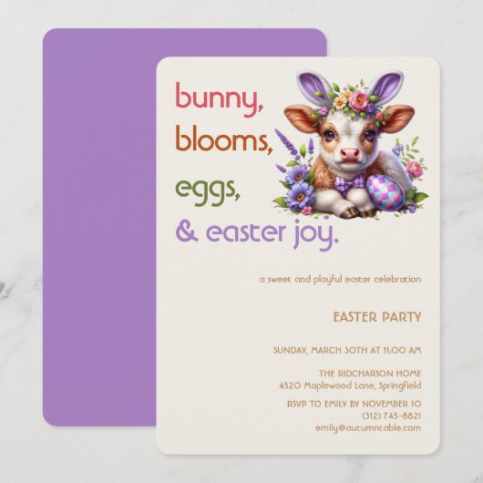 Easter Bunny Cow Invitation | Kid easter party Einladung (Vorne/Hinten)