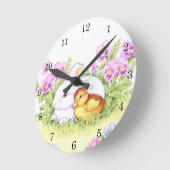 Easter Bunny, Duckling and Flowers Runde Wanduhr (Winkel)