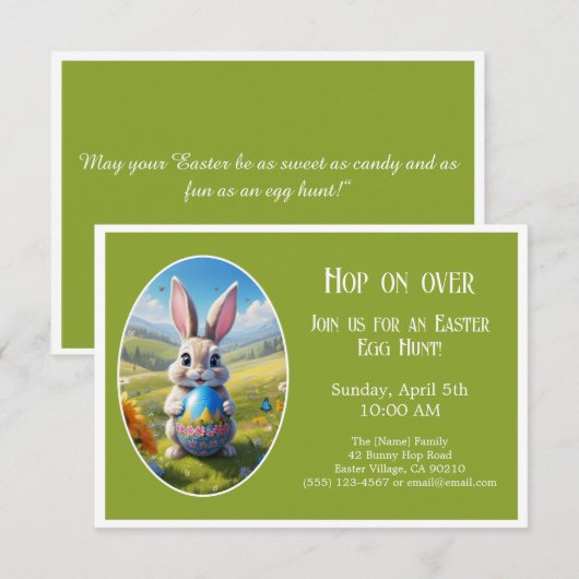 Easter bunny | Egg Hunt  | Hop on over | green -  Einladung (Vorne/Hinten)