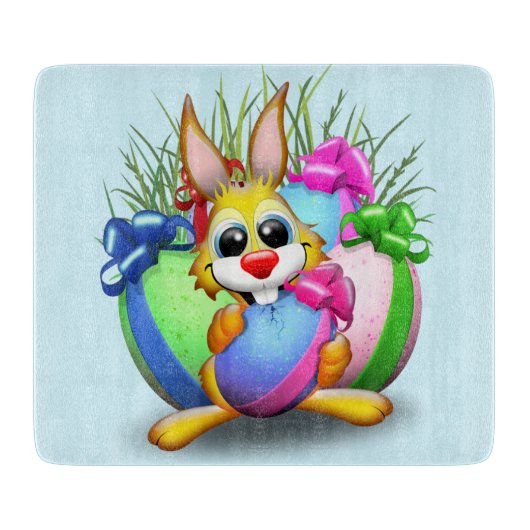 Easter Bunny Funny and Cute Character Biting an Eg Schneidebrett (Vorderseite)