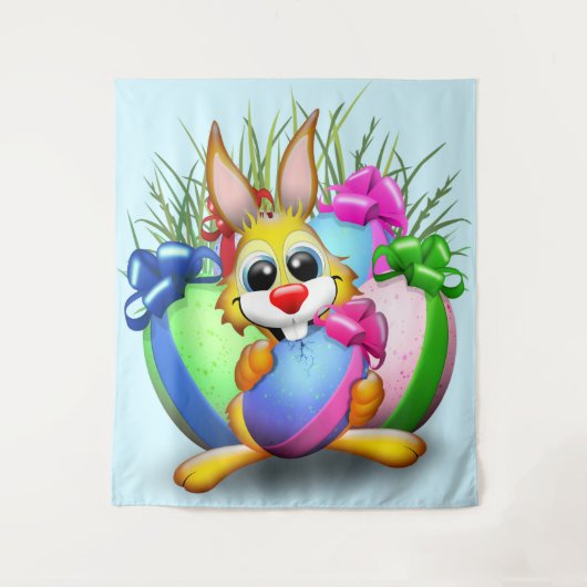 Easter Bunny Funny and Cute Character Biting an Eg Wandteppich (Vorderseite)