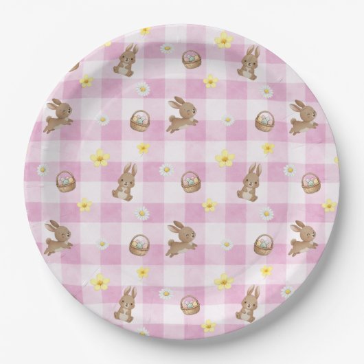 Easter Bunny Pink Gingham Pappteller (Vorderseite)