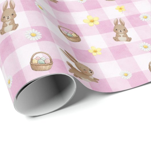 Easter Bunny Pink Gingham Wrapping Paper Geschenkpapier (Rolleneckpunkt)