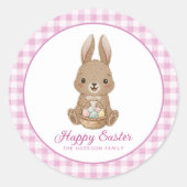 Easter Bunny Pink Watercolor Gingham Runder Aufkleber (Vorderseite)