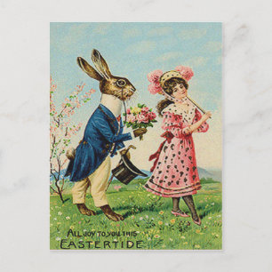 Easter Bunny Rose Victorian Woman Landscape Feiertagspostkarte