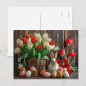 Easter bunny seated beside colorful eggs and tulip postkarte (Vorne/Hinten)