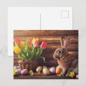 Easter bunny seated beside colorful eggs and tulip postkarte (Vorne/Hinten)