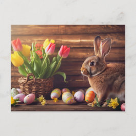 Easter bunny seated beside colorful eggs and tulip postkarte