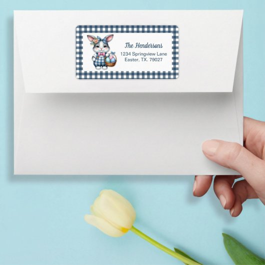 Easter Bunny with Basket of Eggs on Blue Gingham Adressaufkleber