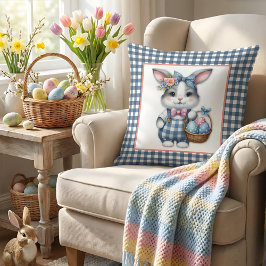 Easter Bunny with Basket of Eggs on Blue Gingham Kissen