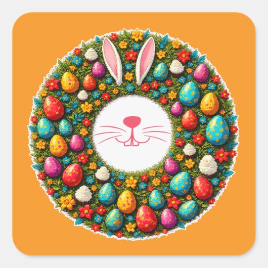 Easter Bunny Wreath – Cute Style Autocolante Quadratischer Aufkleber (Vorderseite)