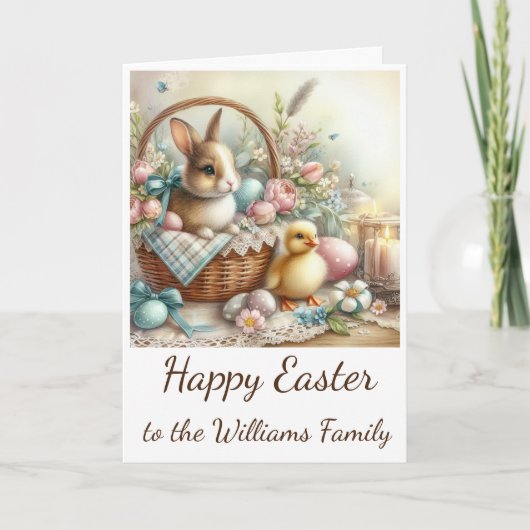 Easter Card with Eggs, Bunny, Basket & Chick Dankeskarte (Vorderseite)
