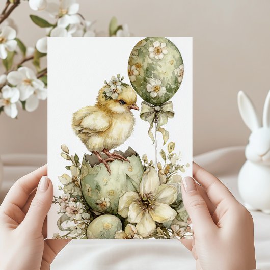 Easter Chick Spring Floral Watercolor Sage Green Feiertagskarte