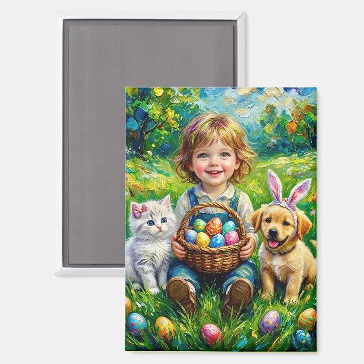 ~ EASTER Child Puppy Kitten Eggs ~  Magnet (Vorderseite/Rückseite)