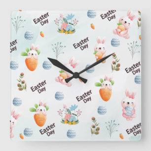Easter Day Rabbits Pattern Quadratische Wanduhr