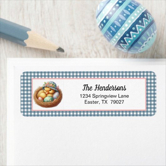 Easter Duckling with Eggs on Blue Gingham Plaid