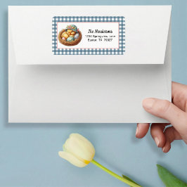 Easter Duckling with Eggs on Blue Gingham Plaid Adressaufkleber