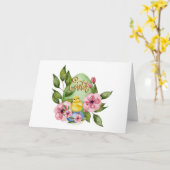 Easter Egg, Baby Chick, Pink Spring Flowers Karte (Gelbe Blume)