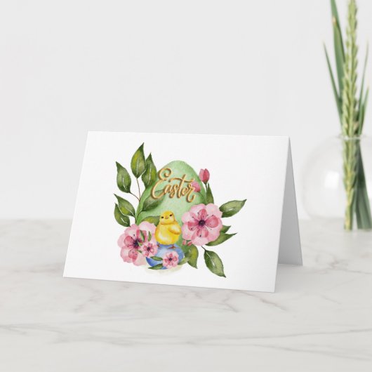 Easter Egg, Baby Chick, Pink Spring Flowers Karte (Vorderseite)