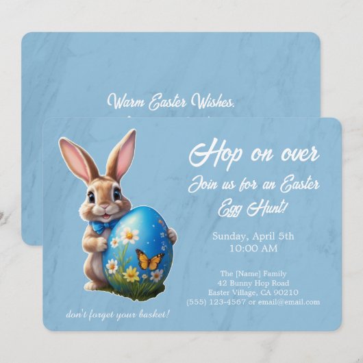 Easter Egg Hunt Brunch Hop on Over Bunny blue - Einladung (Vorne/Hinten)