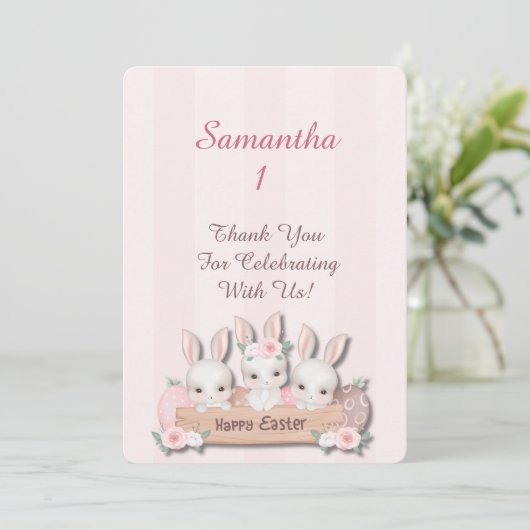 Easter First Birthday Thank You - Kawaii Bunnies Dankeskarte (Stehend Vorderseite)
