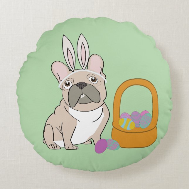 Easter French Bulldog Rundes Kissen (Vorderseite)