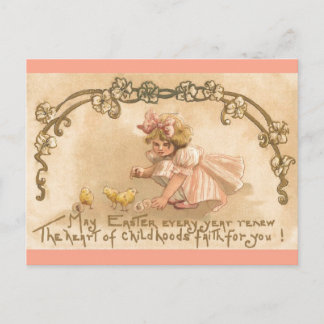Easter- Girl Pink Dress Chicks - Antique Postcard Feiertagspostkarte