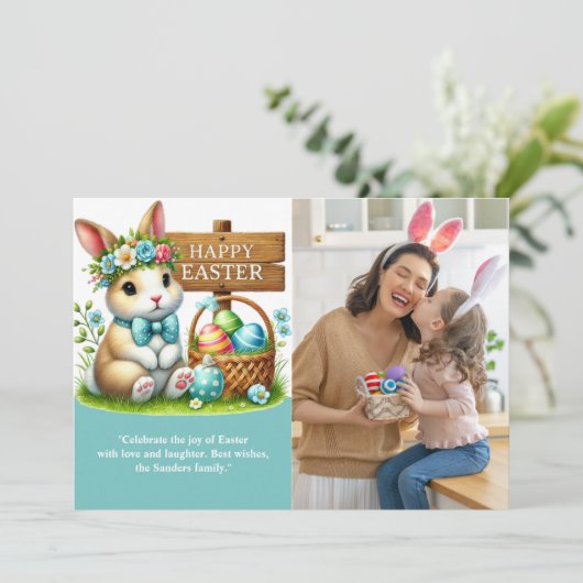 Easter Greetings! Adorable Bunny with Family Photo Einladung (Stehend Vorderseite)