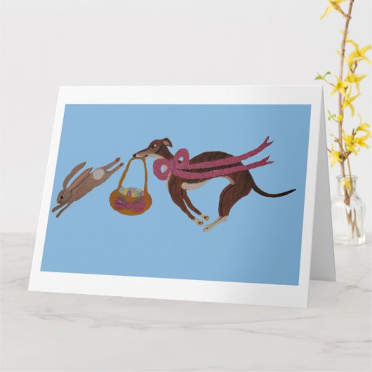 Easter Greyhound chasing bunny Karte (Gelbe Blume)