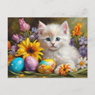 Easter Kitten with Flowers and Painted Eggs  Feiertagspostkarte