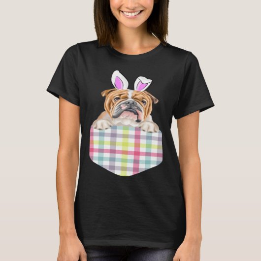 Easter Plaid Bulldog Bunny Dog In Pocket T-Shirt (Vorderseite)
