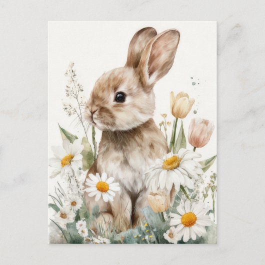Easter Postcard with Flowers and Easter Bunny Postkarte (Vorderseite)