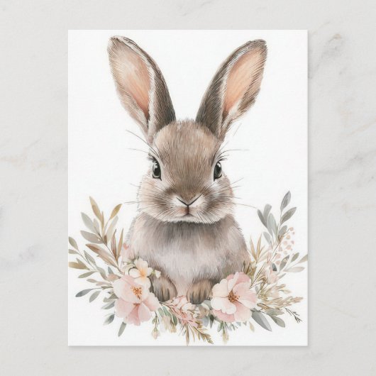Easter Postcard with Flowers and Easter Bunny Postkarte (Vorderseite)