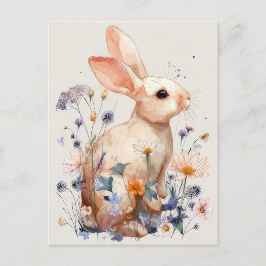 Easter Postcard with Flowers and Easter Bunny Postkarte (Vorderseite)
