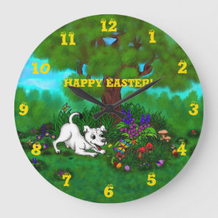 Easter - Puppy Capo and Butterfly Große Wanduhr