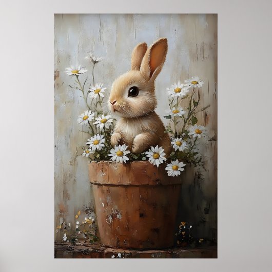Easter Rabbit Bunny In Flower Pot Print, Rustic Poster (Vorne)
