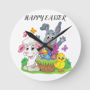 Easter rabbit, lamb & chick Acrylic clock. Runde Wanduhr