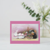 Easter Rabbit Pulling Flower Cart Feiertagspostkarte (Stehend Vorderseite)