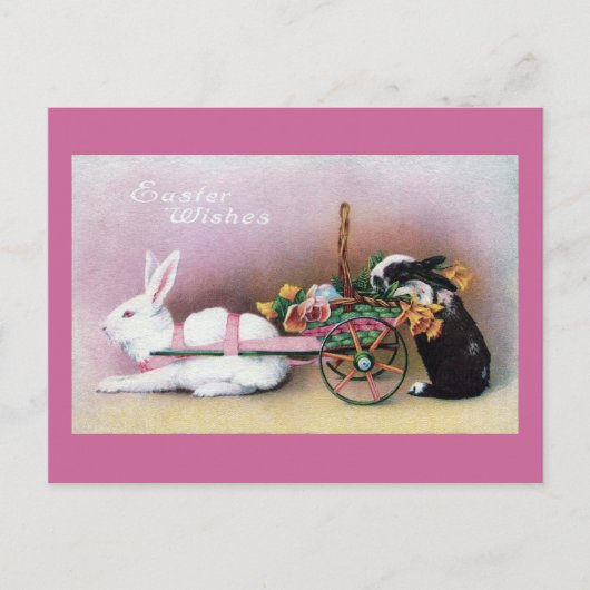 Easter Rabbit Pulling Flower Cart Feiertagspostkarte (Vorderseite)