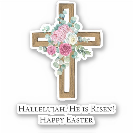 Easter Religious He is Risen Wood Cross Floral Aufkleber (Vorderseite)
