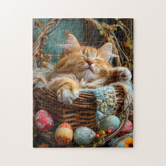 Easter Season Cute Cat Sleeping in Wicker Basket Puzzle (Vertikal)