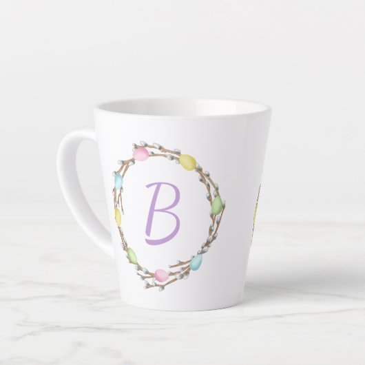 Easter Willow Wreath With Monogram And Pastel Eggs Milchtasse (Linke Ecke)