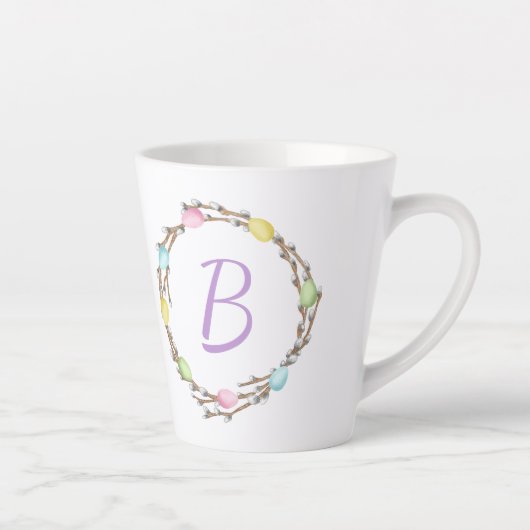 Easter Willow Wreath With Monogram And Pastel Eggs Milchtasse (Rechts)