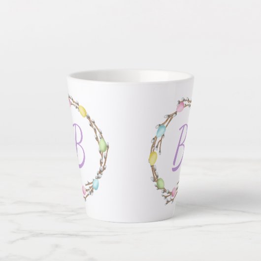 Easter Willow Wreath With Monogram And Pastel Eggs Milchtasse (Vorderseite)