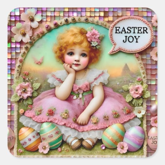 EASTER ~WOW! VINTAGES MÄDCHEN~ QUADRATISCHER AUFKLEBER (Vorderseite)