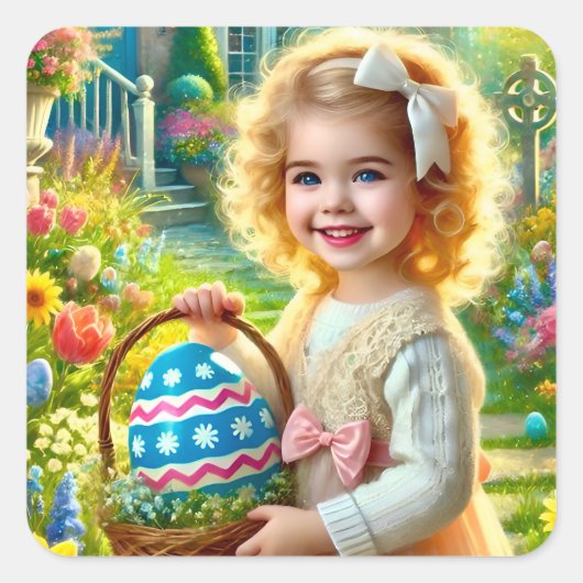EASTER ~WOW! VINTAGES MÄDCHEN~ QUADRATISCHER AUFKLEBER (Vorderseite)